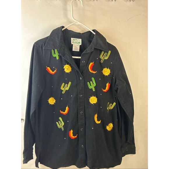 QVC Quaker Factory flannel shirt small S Hong Kong Cactus Peppers Buttons Black - Picture 2 of 8